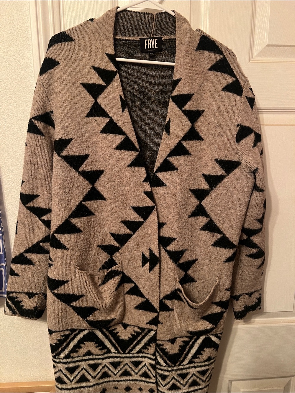 FRYE Taupe and Black Geometric Open-Front Cardigan